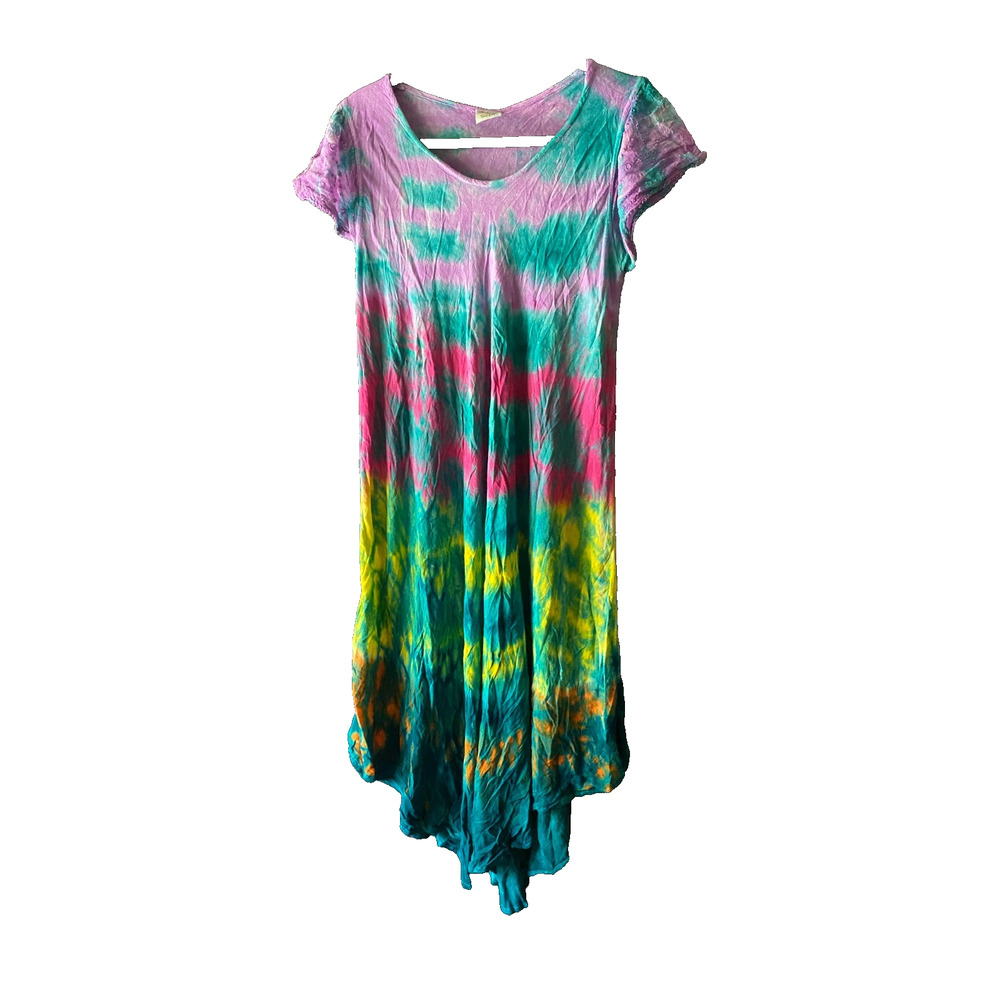 VTG Tie Dye Midi Cotton Sundress Free Size Handkerchief Hem Festival Boho Chic
